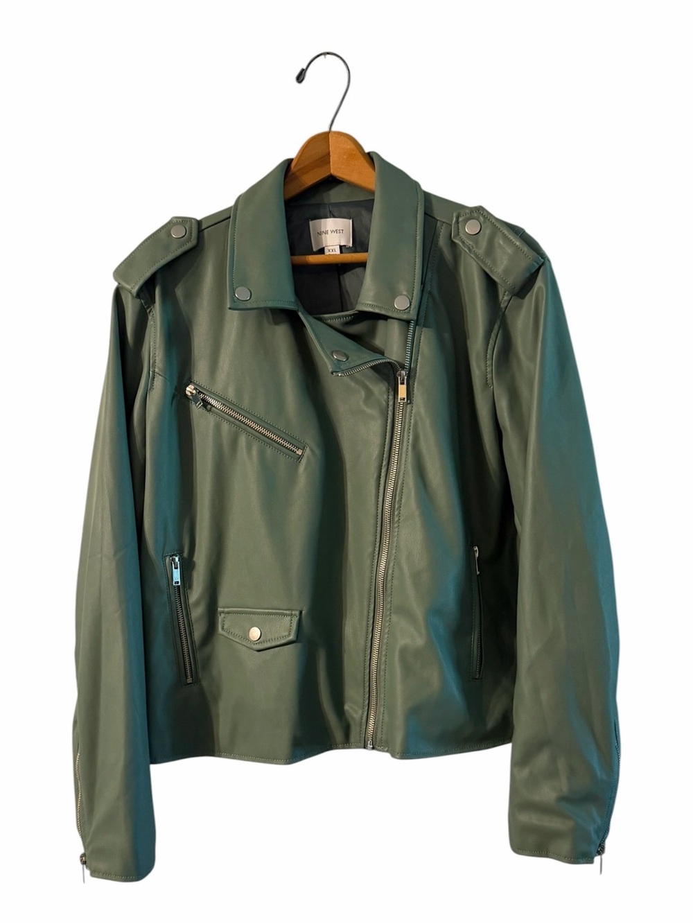 Edgy Moto Nine West Sage Green Faux Leather Biker Jacket XXL